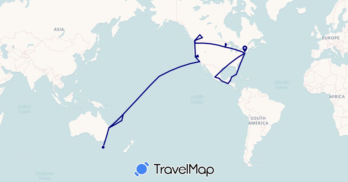 TravelMap itinerary: driving in Australia, Belize, Canada, Cuba, Guatemala, Mexico, New Caledonia, United States, Vanuatu (North America, Oceania)