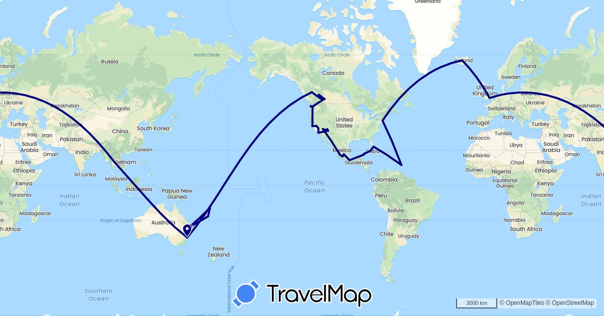 TravelMap itinerary: driving in Australia, Canada, Cuba, United Kingdom, Iceland, Saint Lucia, Mexico, New Caledonia, Thailand, United States, Vanuatu (Asia, Europe, North America, Oceania)